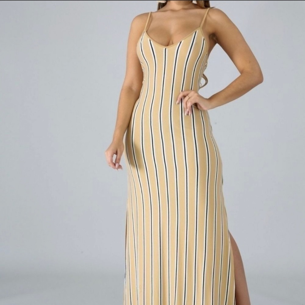 NWOT Beige & White Striped Maxi Dress Side Slit Summer Dress Size S